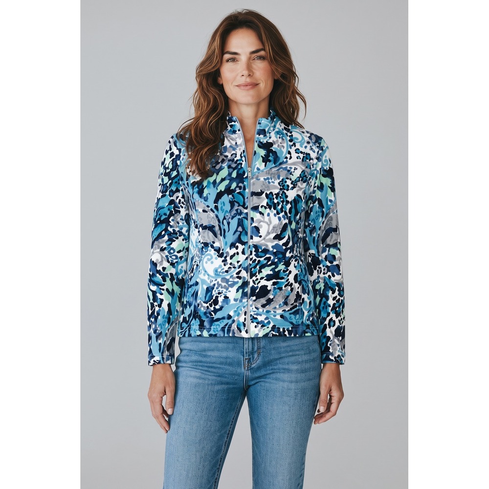 Alfred Dunner Petite Blue Paisley Zip Front Jacket Mock Neck Velour Size 6P